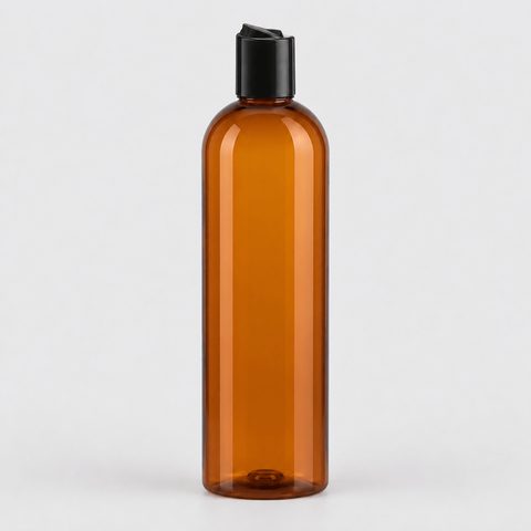 Botella ámbar con tapa disc top negra · 500 mL